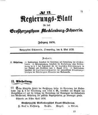 Regierungsblatt für Mecklenburg-Schwerin (Großherzoglich-Mecklenburg-Schwerinsches officielles Wochenblatt) Donnerstag 4. Mai 1876