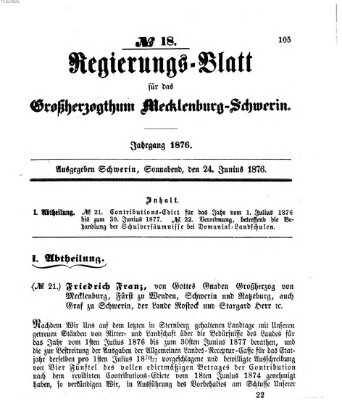 Regierungsblatt für Mecklenburg-Schwerin (Großherzoglich-Mecklenburg-Schwerinsches officielles Wochenblatt) Samstag 24. Juni 1876