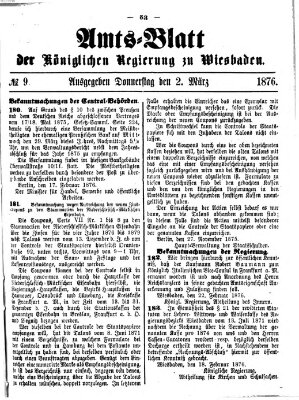 Amtsblatt der Regierung in Wiesbaden (Herzoglich-nassauisches allgemeines Intelligenzblatt) Donnerstag 2. März 1876