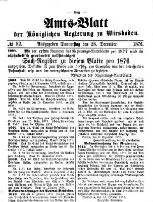 Amtsblatt der Regierung in Wiesbaden (Herzoglich-nassauisches allgemeines Intelligenzblatt) Donnerstag 28. Dezember 1876