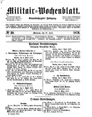 Militär-Wochenblatt Mittwoch 19. April 1876