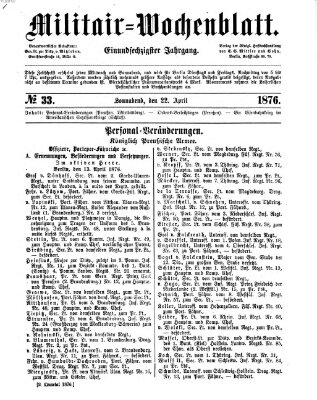 Militär-Wochenblatt Samstag 22. April 1876