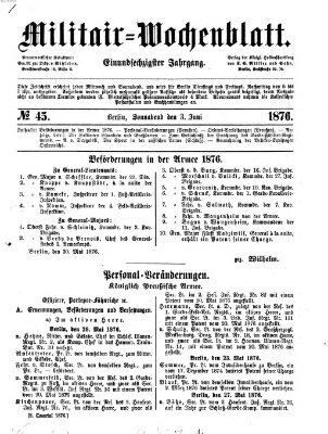 Militär-Wochenblatt Samstag 3. Juni 1876