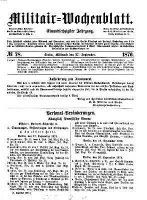 Militär-Wochenblatt Mittwoch 27. September 1876