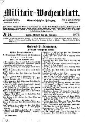 Militär-Wochenblatt Mittwoch 22. November 1876