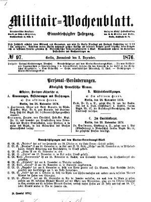 Militär-Wochenblatt Samstag 2. Dezember 1876