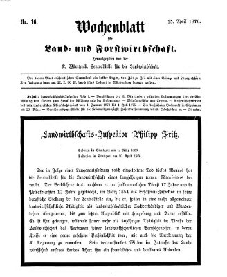 Wochenblatt für Land- und Forstwirthschaft Samstag 15. April 1876