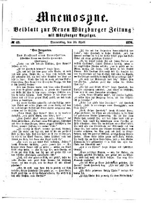 Mnemosyne (Neue Würzburger Zeitung) Donnerstag 20. April 1876