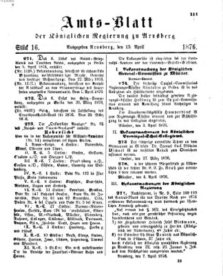 Amtsblatt für den Regierungsbezirk Arnsberg Samstag 15. April 1876