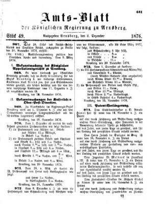 Amtsblatt für den Regierungsbezirk Arnsberg Samstag 2. Dezember 1876