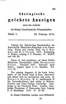 Göttingische gelehrte Anzeigen (Göttingische Zeitungen von gelehrten Sachen) Mittwoch 16. Februar 1876