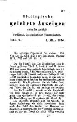 Göttingische gelehrte Anzeigen (Göttingische Zeitungen von gelehrten Sachen) Mittwoch 1. März 1876