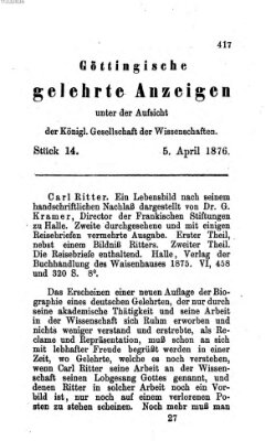 Göttingische gelehrte Anzeigen (Göttingische Zeitungen von gelehrten Sachen) Mittwoch 5. April 1876