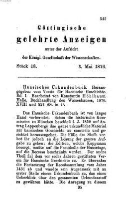 Göttingische gelehrte Anzeigen (Göttingische Zeitungen von gelehrten Sachen) Mittwoch 3. Mai 1876