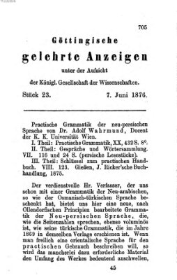 Göttingische gelehrte Anzeigen (Göttingische Zeitungen von gelehrten Sachen) Mittwoch 7. Juni 1876