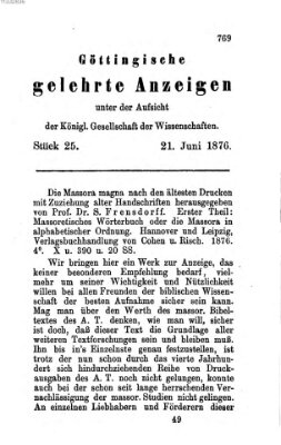 Göttingische gelehrte Anzeigen (Göttingische Zeitungen von gelehrten Sachen) Mittwoch 21. Juni 1876