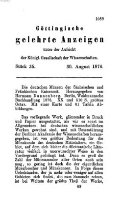 Göttingische gelehrte Anzeigen (Göttingische Zeitungen von gelehrten Sachen) Mittwoch 30. August 1876