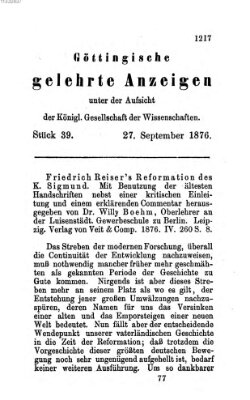 Göttingische gelehrte Anzeigen (Göttingische Zeitungen von gelehrten Sachen) Mittwoch 27. September 1876