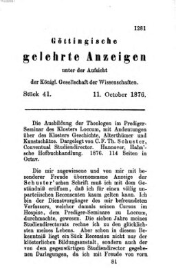 Göttingische gelehrte Anzeigen (Göttingische Zeitungen von gelehrten Sachen) Mittwoch 11. Oktober 1876