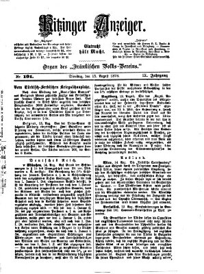 Kitzinger Anzeiger Dienstag 15. August 1876