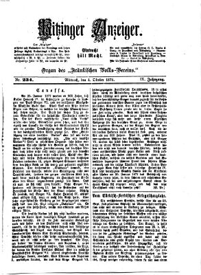 Kitzinger Anzeiger Mittwoch 4. Oktober 1876