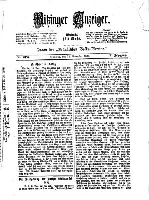 Kitzinger Anzeiger Dienstag 21. November 1876