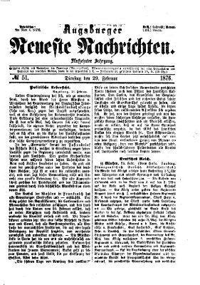 Augsburger neueste Nachrichten Dienstag 29. Februar 1876