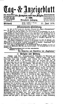 Tag- und Anzeigeblatt für Kempten und das Allgäu Mittwoch 21. Juni 1876