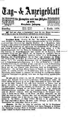 Tag- und Anzeigeblatt für Kempten und das Allgäu Samstag 2. Dezember 1876