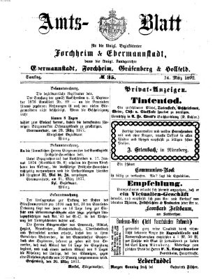 Amtsblatt für die Königlichen Bezirksämter Forchheim und Ebermannstadt sowie für die Königliche Stadt Forchheim Samstag 24. März 1877