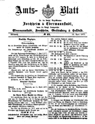 Amtsblatt für die Königlichen Bezirksämter Forchheim und Ebermannstadt sowie für die Königliche Stadt Forchheim Mittwoch 25. April 1877