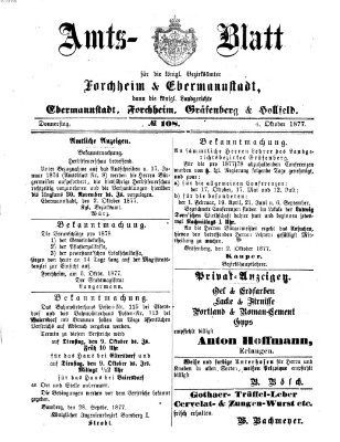 Amtsblatt für die Königlichen Bezirksämter Forchheim und Ebermannstadt sowie für die Königliche Stadt Forchheim Donnerstag 4. Oktober 1877