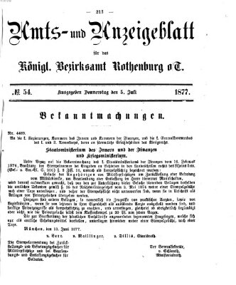 Amts- und Anzeigenblatt für das Königliche Bezirksamt Rothenburg o.T. (Amts- und Anzeigenblatt für die Stadt und das Königl. Bezirksamt Rothenburg) Donnerstag 5. Juli 1877