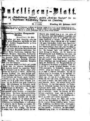 Aschaffenburger Zeitung. Intelligenz-Blatt : Beiblatt zur Aschaffenburger Zeitung ; zugleich amtlicher Anzeiger für die K. Bezirksämter Aschaffenburg, Alzenau und Obernburg (Aschaffenburger Zeitung) Dienstag 27. Februar 1877