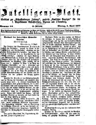 Aschaffenburger Zeitung. Intelligenz-Blatt : Beiblatt zur Aschaffenburger Zeitung ; zugleich amtlicher Anzeiger für die K. Bezirksämter Aschaffenburg, Alzenau und Obernburg (Aschaffenburger Zeitung) Montag 9. April 1877