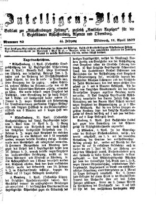 Aschaffenburger Zeitung. Intelligenz-Blatt : Beiblatt zur Aschaffenburger Zeitung ; zugleich amtlicher Anzeiger für die K. Bezirksämter Aschaffenburg, Alzenau und Obernburg (Aschaffenburger Zeitung) Mittwoch 11. April 1877