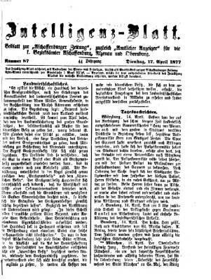 Aschaffenburger Zeitung. Intelligenz-Blatt : Beiblatt zur Aschaffenburger Zeitung ; zugleich amtlicher Anzeiger für die K. Bezirksämter Aschaffenburg, Alzenau und Obernburg (Aschaffenburger Zeitung) Dienstag 17. April 1877