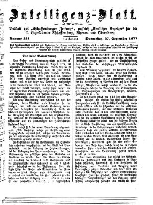 Aschaffenburger Zeitung. Intelligenz-Blatt : Beiblatt zur Aschaffenburger Zeitung ; zugleich amtlicher Anzeiger für die K. Bezirksämter Aschaffenburg, Alzenau und Obernburg (Aschaffenburger Zeitung) Donnerstag 27. September 1877