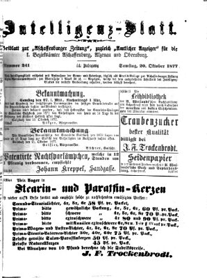 Aschaffenburger Zeitung. Intelligenz-Blatt : Beiblatt zur Aschaffenburger Zeitung ; zugleich amtlicher Anzeiger für die K. Bezirksämter Aschaffenburg, Alzenau und Obernburg (Aschaffenburger Zeitung) Samstag 20. Oktober 1877