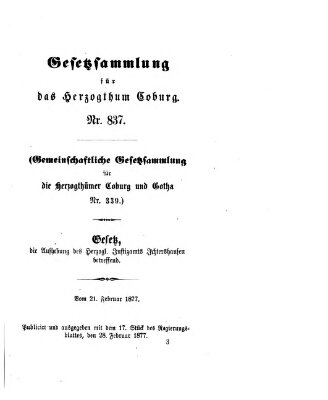 Gesetz-Sammlung für das Herzogtum Coburg (Coburger Regierungs-Blatt) Mittwoch 28. Februar 1877