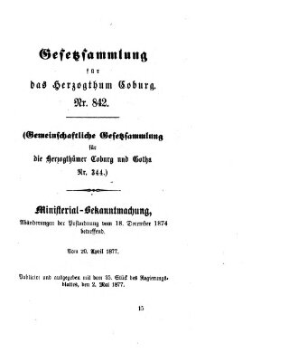 Gesetz-Sammlung für das Herzogtum Coburg (Coburger Regierungs-Blatt) Mittwoch 2. Mai 1877