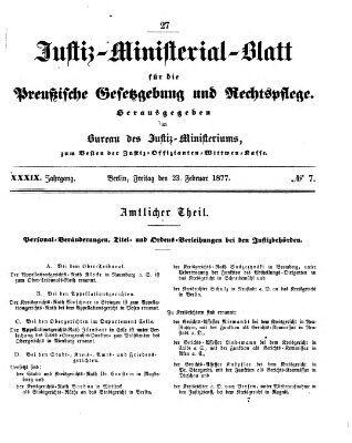 Justiz-Ministerialblatt für die preußische Gesetzgebung und Rechtspflege Freitag 23. Februar 1877