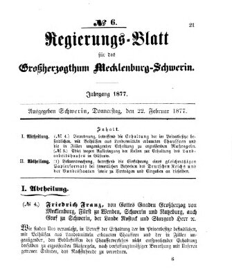 Regierungsblatt für Mecklenburg-Schwerin (Großherzoglich-Mecklenburg-Schwerinsches officielles Wochenblatt) Donnerstag 22. Februar 1877