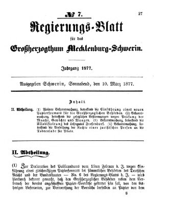 Regierungsblatt für Mecklenburg-Schwerin (Großherzoglich-Mecklenburg-Schwerinsches officielles Wochenblatt) Samstag 10. März 1877