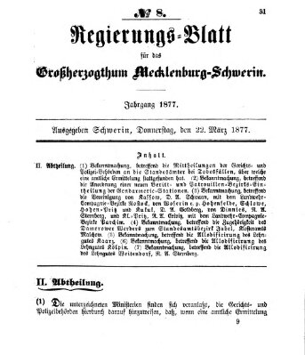 Regierungsblatt für Mecklenburg-Schwerin (Großherzoglich-Mecklenburg-Schwerinsches officielles Wochenblatt) Donnerstag 22. März 1877