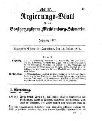 Regierungsblatt für Mecklenburg-Schwerin (Großherzoglich-Mecklenburg-Schwerinsches officielles Wochenblatt) Samstag 14. Juli 1877