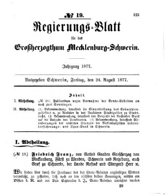 Regierungsblatt für Mecklenburg-Schwerin (Großherzoglich-Mecklenburg-Schwerinsches officielles Wochenblatt) Freitag 24. August 1877