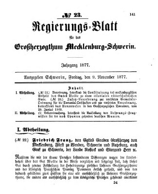 Regierungsblatt für Mecklenburg-Schwerin (Großherzoglich-Mecklenburg-Schwerinsches officielles Wochenblatt) Freitag 9. November 1877