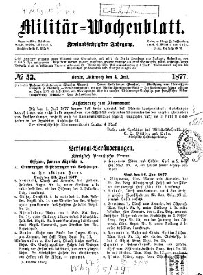 Militär-Wochenblatt Mittwoch 4. Juli 1877