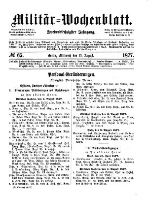 Militär-Wochenblatt Mittwoch 15. August 1877